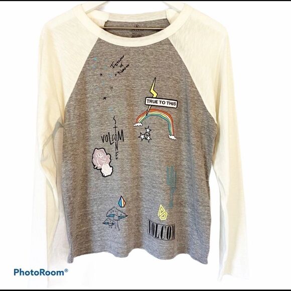 Volcom Graphic Long Sleeve Baseball Tee  T-Shirt Top Patches Small - Picture 1 of 7